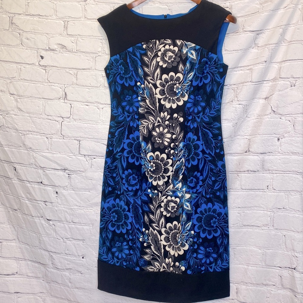 London Times Black Blue Floral Sleeveless Dress Size 6 Excellent Condition